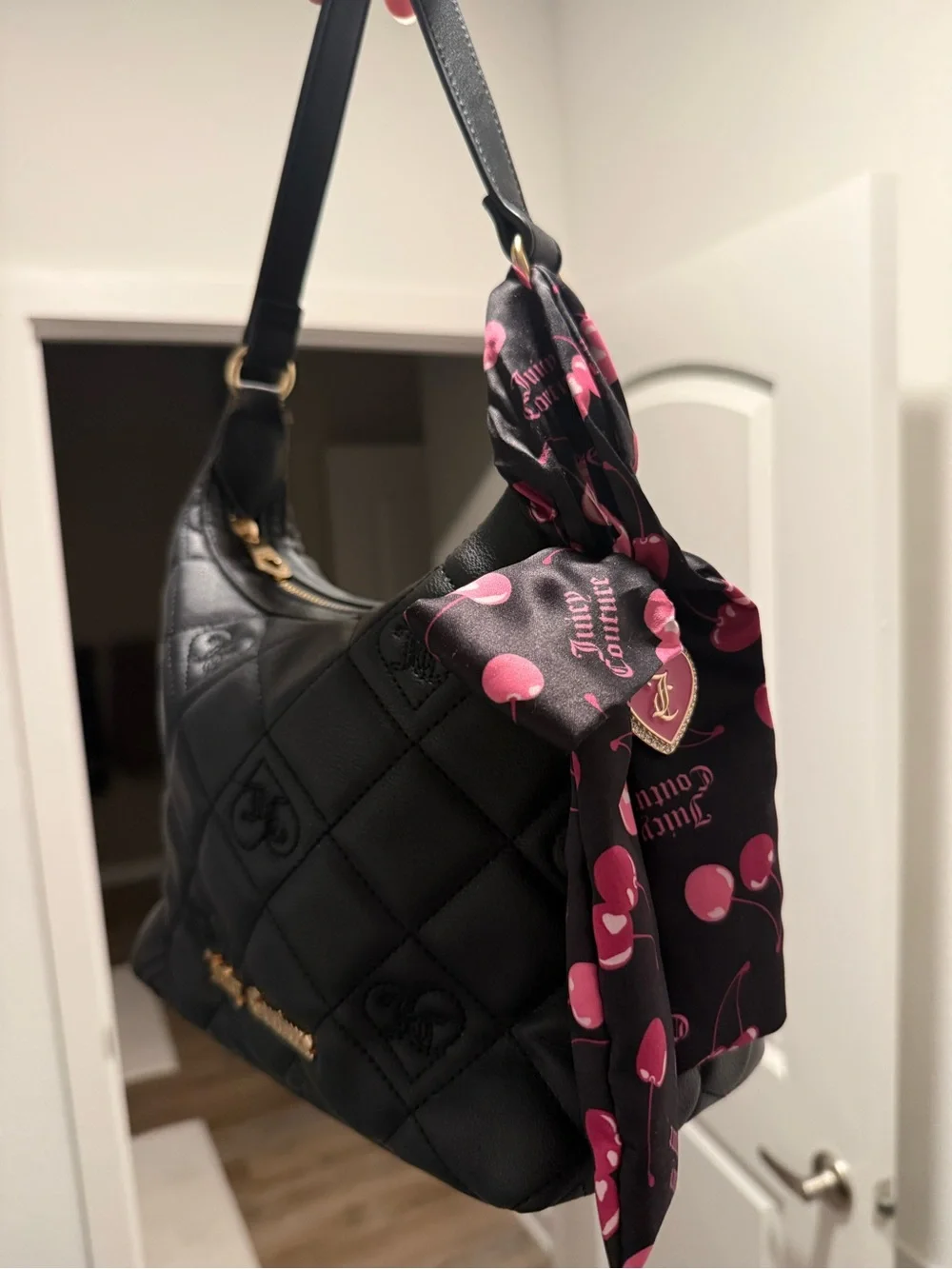 Juicy Couture Black Quilted Shoulder Bag with Pink Scarf Accent